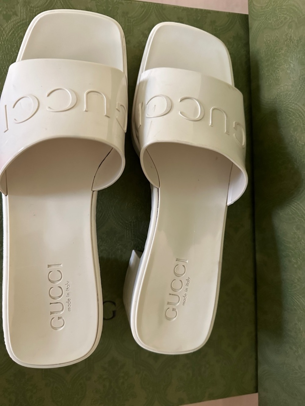 Gucci White Embossed Logo Slide Mules - Picture 9 of 10